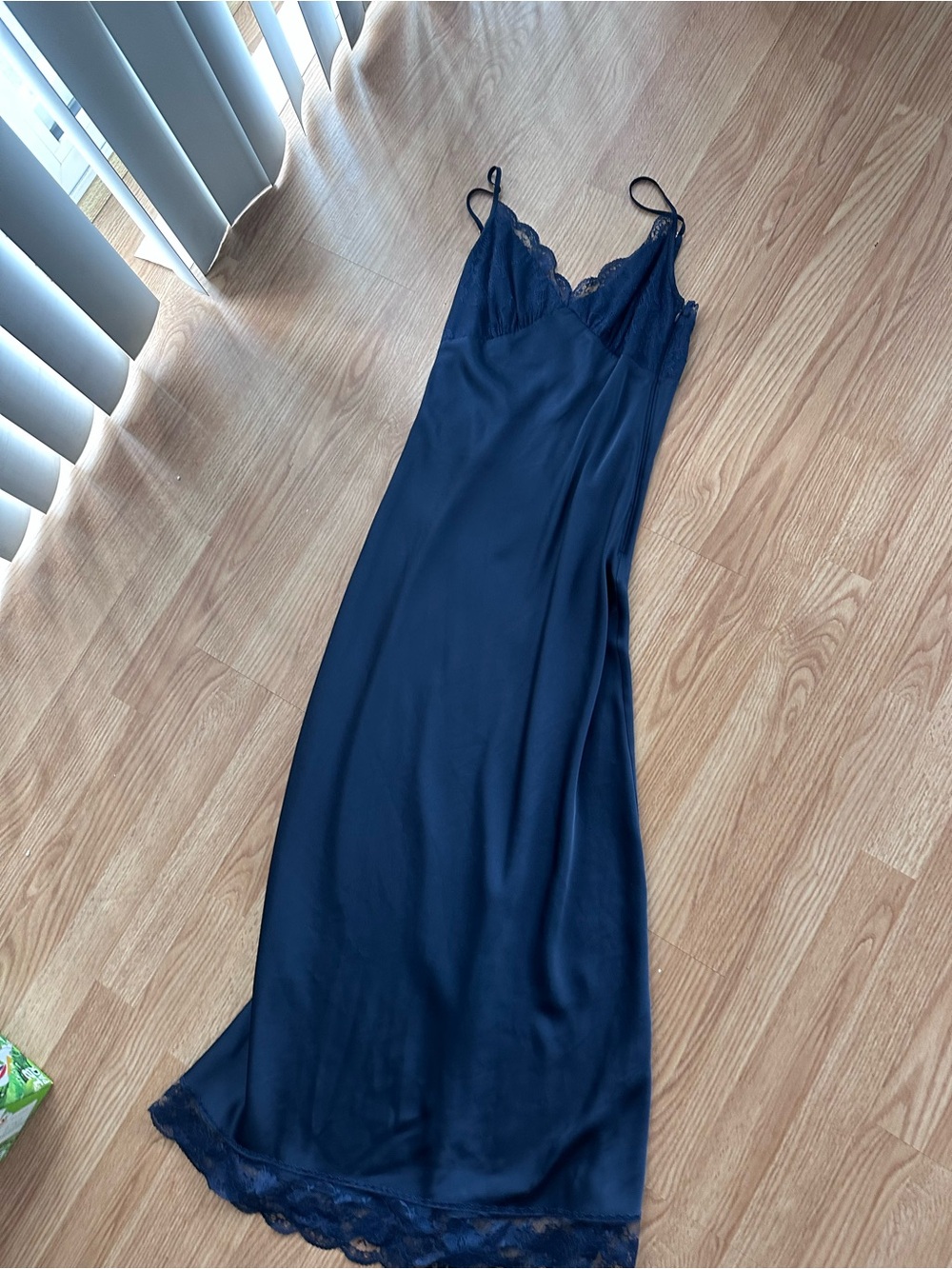 Silky Navy Lace-Trim Slip Dress with Adjustable Straps